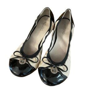 Cap Toe Black Patent Ballerina Flats Slip On Shoes with Bow and KS Charm